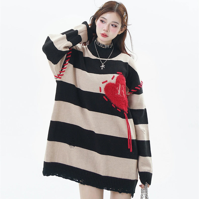 hip hop destroyed ripped holes knitted sweater mens casual y2k striped o neck pullover sweater unisex harajuku streetwear jumper - Y2K grunge street style, vintage look oversized hoodie, graphic printed hoodie for men and women