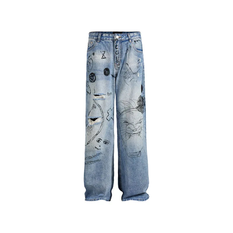 men baggy ripped jeans graffiti printed straight denim pants distressed jeans male streetwear hip hop jeans trousers y2k unique jeans style 5589
