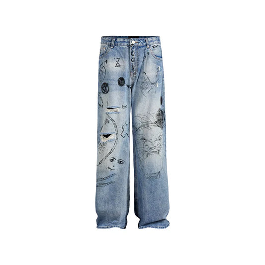 men baggy ripped jeans graffiti printed straight denim pants distressed jeans male streetwear hip hop jeans trousers y2k unique jeans style 5589