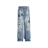 men baggy ripped jeans graffiti printed straight denim pants distressed jeans male streetwear hip hop jeans trousers y2k unique jeans style 5589