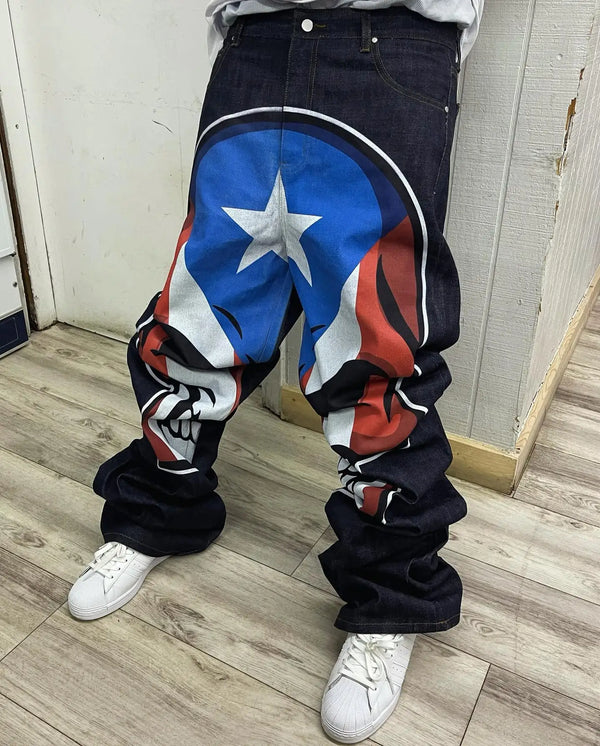 harajuku retro jeans skull print loose slouchy jeans men women y2k pants gothic skateboard pants streetwear hip hop jeans vintage washed jeans