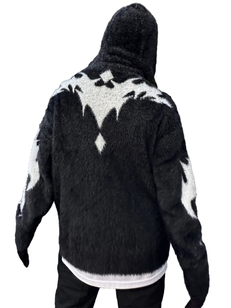 mens hooded cardigan sweater fashion harajuku pattern streetwear hip hop zipper warm knitted sweaters hood coats unisex jumpers - anime inspired graphic hoodie, soft fleece-lined outerwear, unisex casual winter pullover