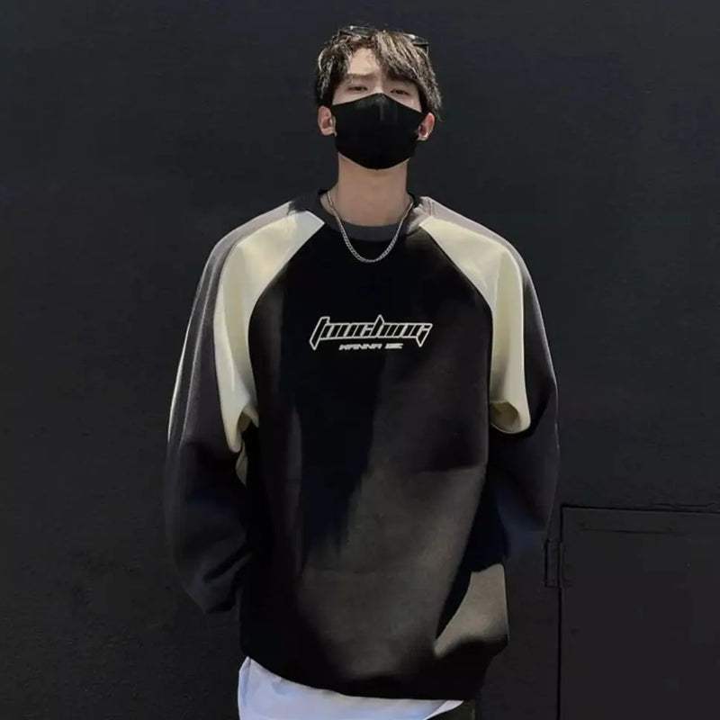 Trendy Personality Korean Motorcycle Style Round Neck Sweatshirt Men 2024 Spring Autumn Niche Contrasting Color Pullover Hot Top
