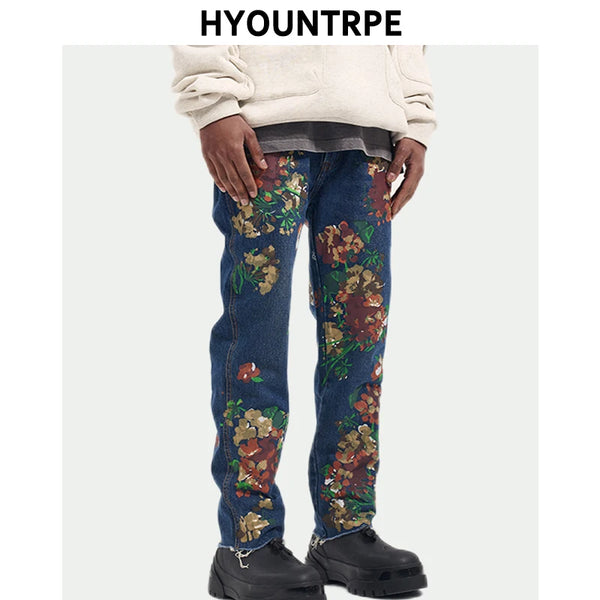 graffiti floral printed denim jean mens new casual zipper biker jeans fashion high street slim fit pants joggers hip hop jeans casual joggers