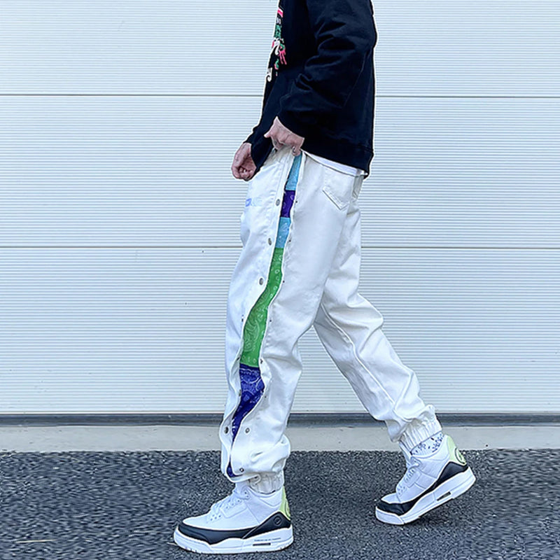 washed distressed denim sweatpant cashew flower patchwork oversized splice buckle jogging jeans casual button baggy men clothing sporty tapered joggers