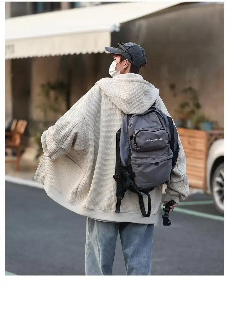 Korean Retro Y2K Waffle Hooded Jacket for Men and Women Ins Harajuku Style Casual Loose Couple Wear Cardigan Sweatshirt