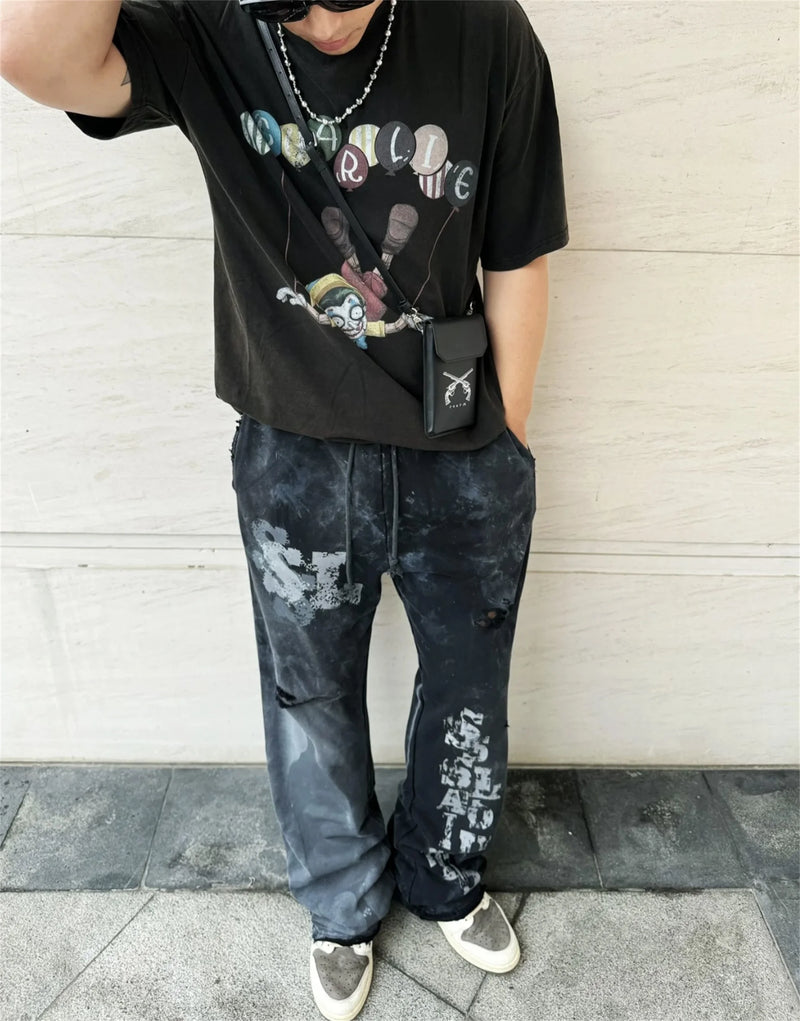 new arrival ssaint louis dirty old graffiti printed drawstring sanitary pants casual sport pants menswear bottoms
