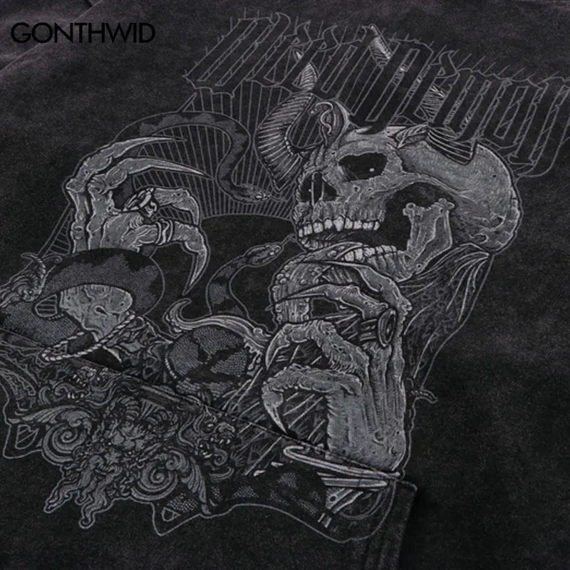 Men Hip Hop Hoodie Streetwear Vintage Skeleton Skull Devil Print Distr