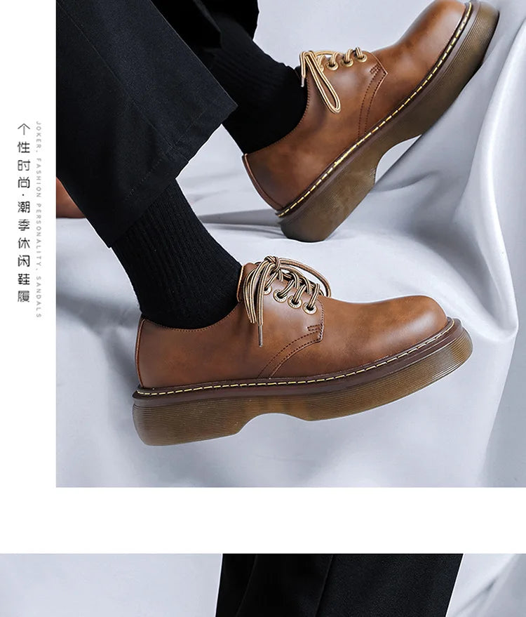 High Street Vintage Brown Big Toe Leather Shoes Men Women Streetwear Fashion Hip Hop Casual Increase Derby Shoes