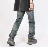 hole ripped retro straight spliced mens jeans streetwear washed pcoekts distressed denim trousers loose hip hop jean pants stacked flare jeans
