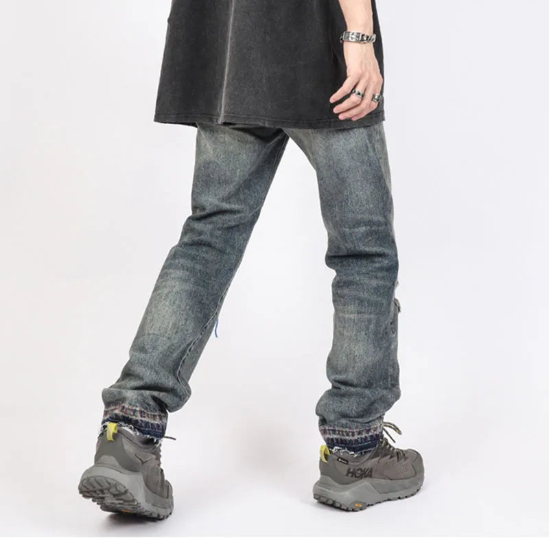 hole ripped retro straight spliced mens jeans streetwear washed pcoekts distressed denim trousers loose hip hop jean pants stacked flare jeans