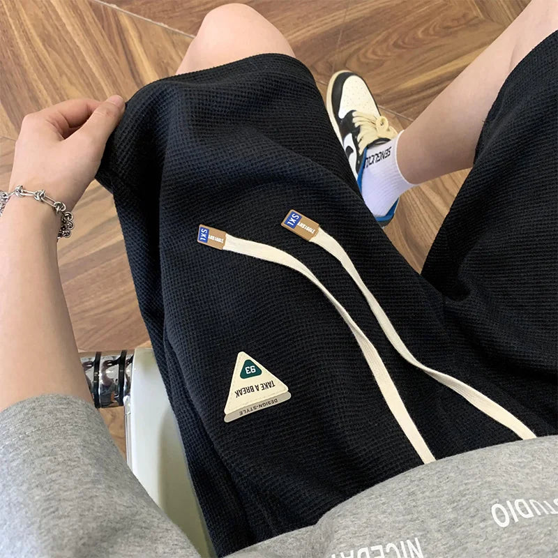 summer mens letter appliques waffle shorts baggy running wide leg casual short pants solid drawstring gym straight y2k shorts casual urban shorts