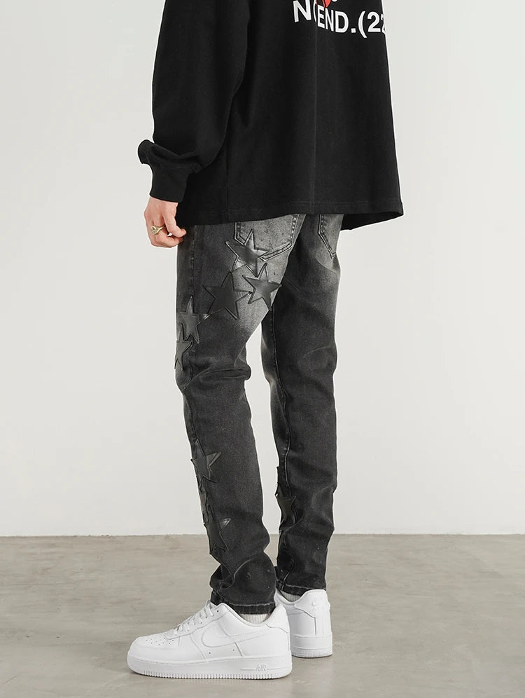 star appliques denim jeans skinny trousers slim fit men new casual biker jeans fashion streetwear hip hop trousers pants joggers unique joggers style 3561