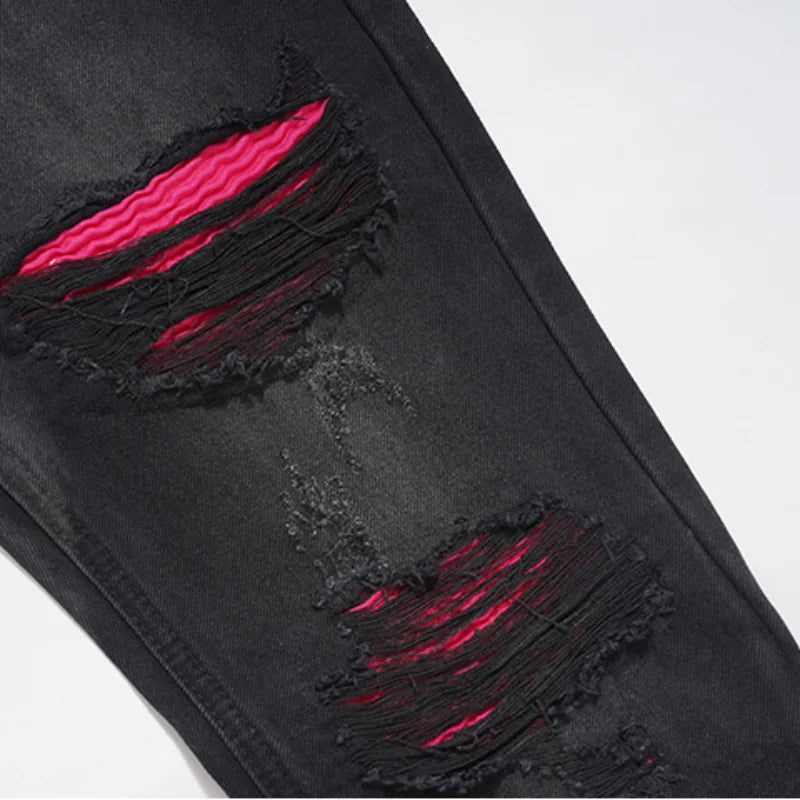 knee ripped patchwork jeans for men hip hop skinny biker taped jean trouser slim fit black denim pants fashion streetwear jogger unique joggers style 3010