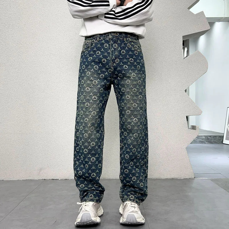 men jacquard streetwear hip hop vibe casual straight denim jeans pants boyfriend high street ripped jeans trousers unique jeans style 3124