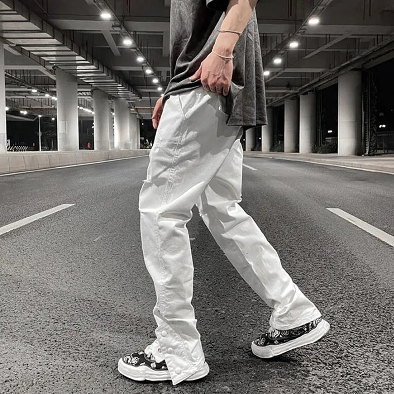 mens hole ripped white ankle zipper button jeans pants straight pockets solid color high street retro loose denim trousers unique jeans style 240