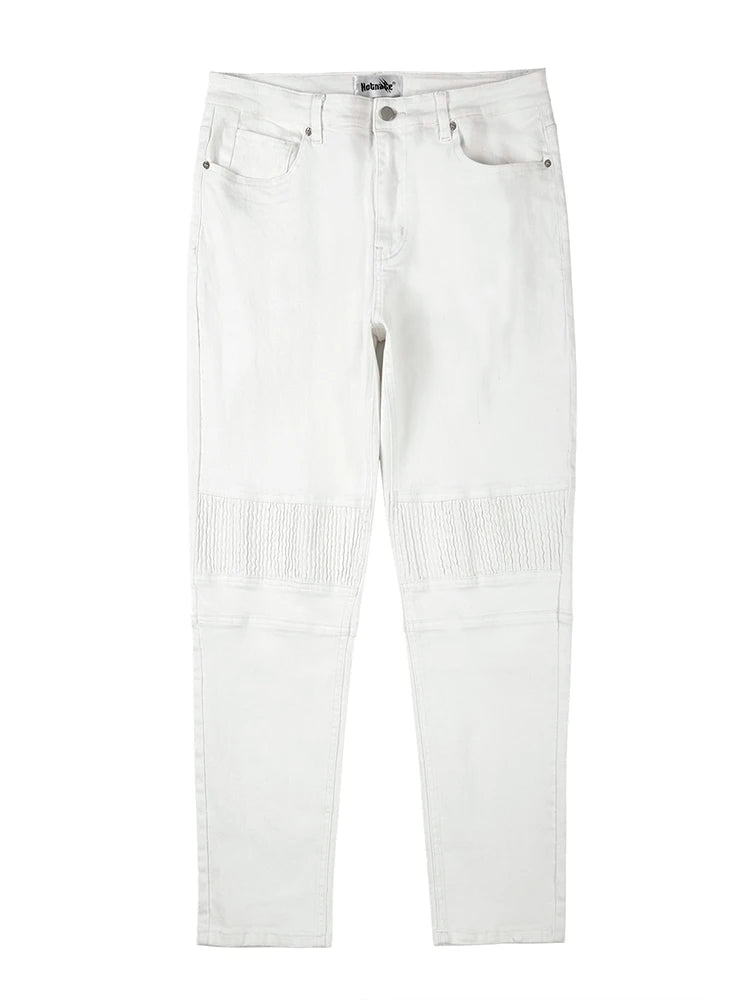 high street white knee pleated vertical stripe elastic fit skinny jeans male casual small leg jeans pants slim mens clothing unique jeans style 3654