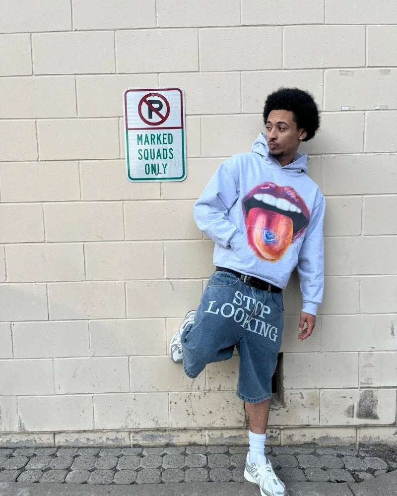 High Street Trendy Brand Big Mouth Cartoon Print Oversized Hoodie Wome