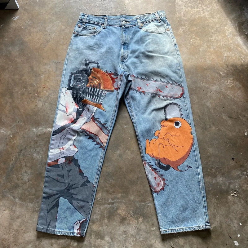 harajuku y2k style blue popular anime graphic wide leg jean fashion streetwear denim mens jeans couples high waist pants unique jeans style 3177