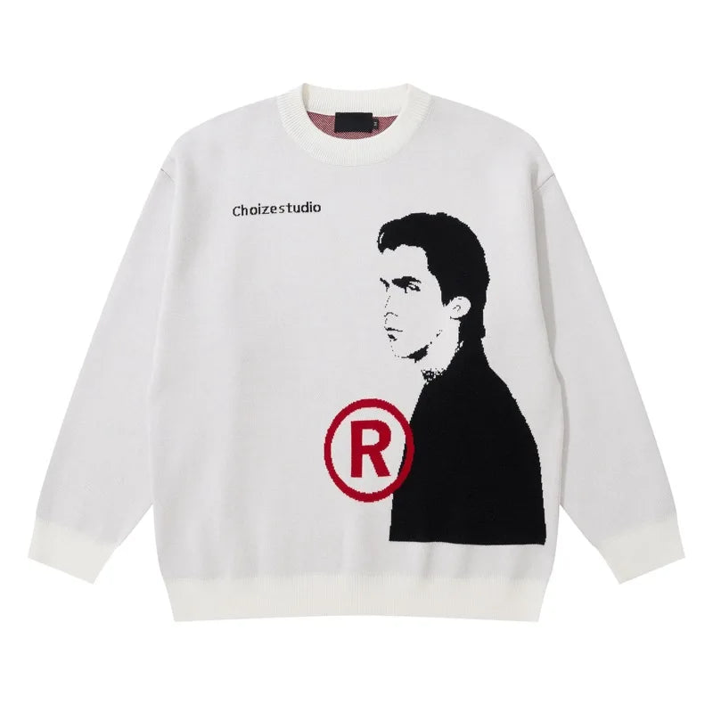 hip hop anime knitted oversized sweater mens autumn winter o neck long sleeve pullover streetwear new loose sweaters clothing - vintage look oversized hoodie, bold artwork streetwear hoodie, gothic aesthetic hoodie for winter