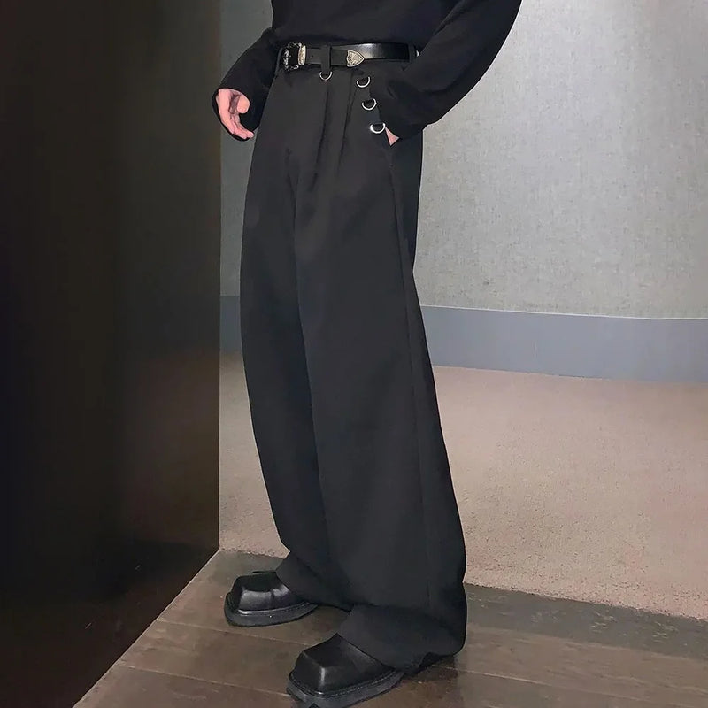 mens casual suit trousers buckle decoration british straight pants streetwear fashion niche commuter pants mens clothing 2024 unique default style 96