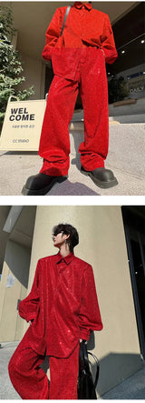 mens sequin 2 piece sets loose casual long sleeve shirt pant stage fashion party show clothing dress shirts trousers costumes unique default style 2891