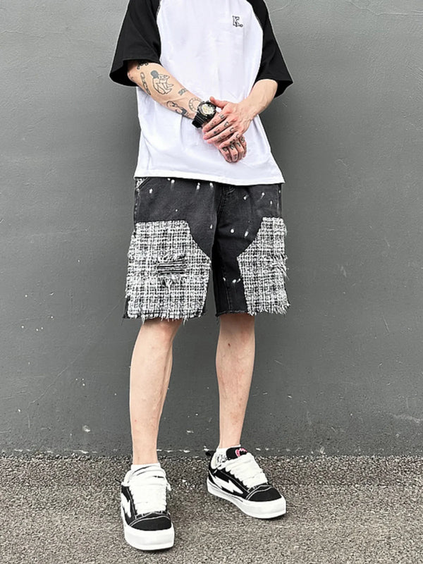 ripped holes patchwork denim jeans shorts mens high street straight short jeans hip hop streetwear casual short joggers pants relaxed fit joggers