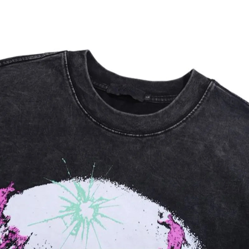 Cyberpunk Graphic Tee – Harajuku Skeleton Fire Printed Retro Distressed Washed T Shi – Urban Streetwear for Men & Women