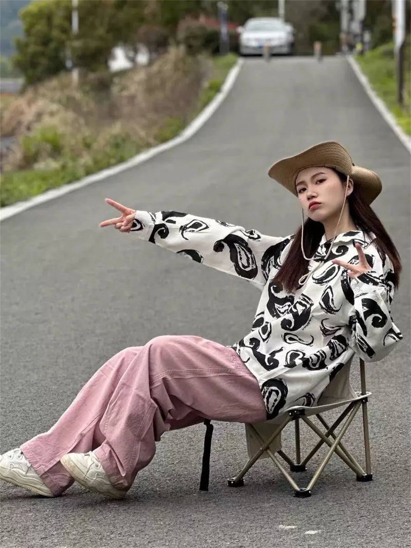 24ss New Retro Vintage Digital direct spray Cashew flower print High-Street Casual long sleeved shirt