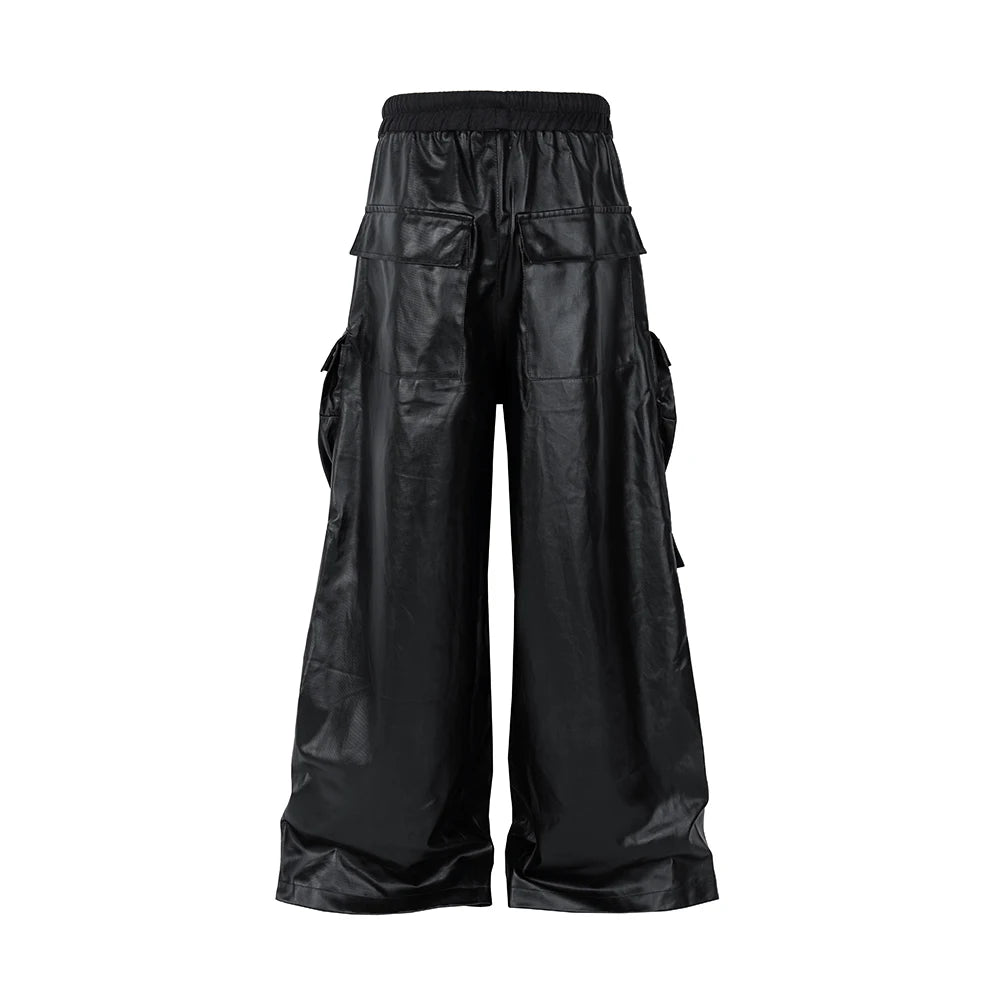 ro style matte pu leather pants for men high street y2k pantalones hombre baggy overall wide leg drawstring cargo pants unique cargo style 5552