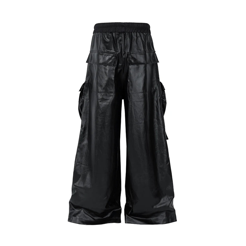 ro style matte pu leather pants for men high street y2k pantalones hombre baggy overall wide leg drawstring cargo pants 1 unique cargo style 949