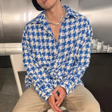 2024 Spring New Simple Versatile Fashionable Blue Houndstooth Woolen Shirt Style Genderless Casual Unisex Long-Sleeved Shirt