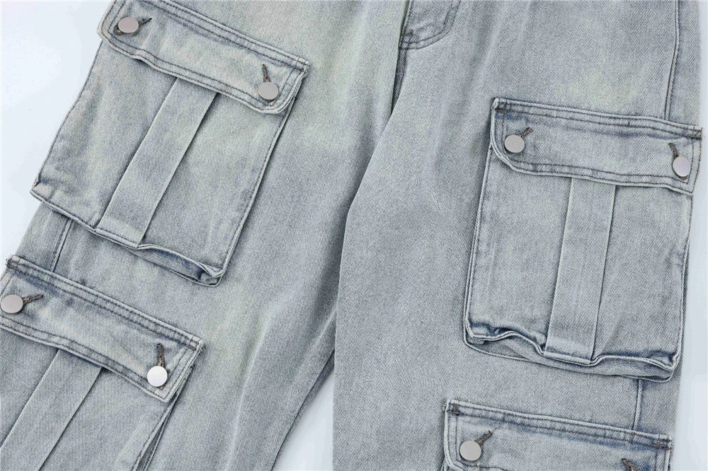 2024 multi pocket jeans vintage mens harajuku cargo denim pants retro hip hop straight loose jean pants unique cargo style 910