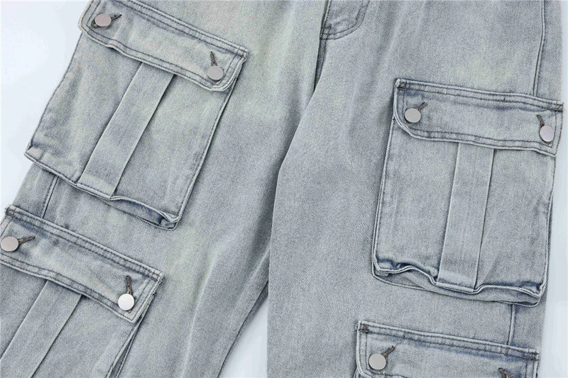 2024 multi pocket jeans vintage mens harajuku cargo denim pants retro hip hop straight loose jean pants unique cargo style 910