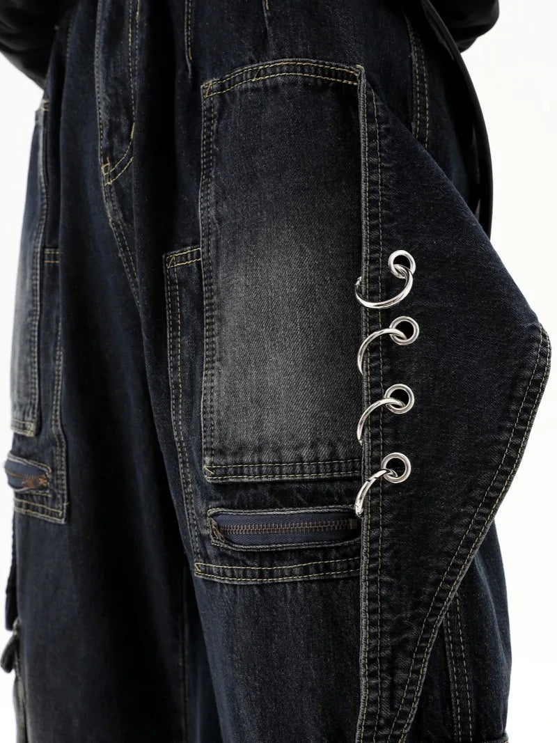 fashion punk rings streetwear loose pants unisex casual multiple pockets wide legs jean pants hip hop joggers men baggy jeans urban active pants
