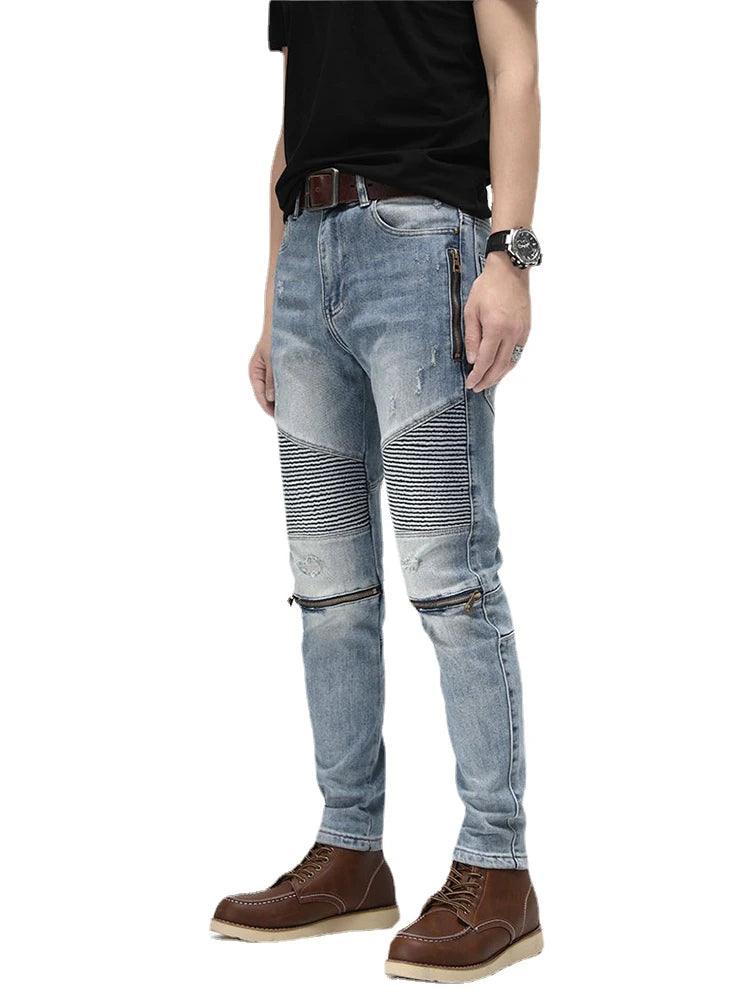 knee zipper patchwork pleated skinny denim jeans men casual slim biker trousers jeans fashion streetwear hip hop pants joggers urban active pants