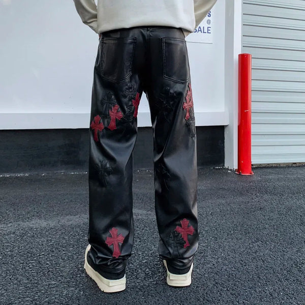 leather pant men streetwear brand hip hop loose casual straight leather motorcycle pant man y2k trousers stage clothing minimalist street pants