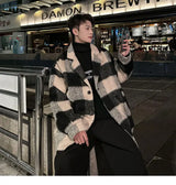 Plaid Woolen Trenchcoat Men Autumn Winter Fashion Retro Streetwear Suit Collar Loose Casual Trendy Trench Coat Outerwear