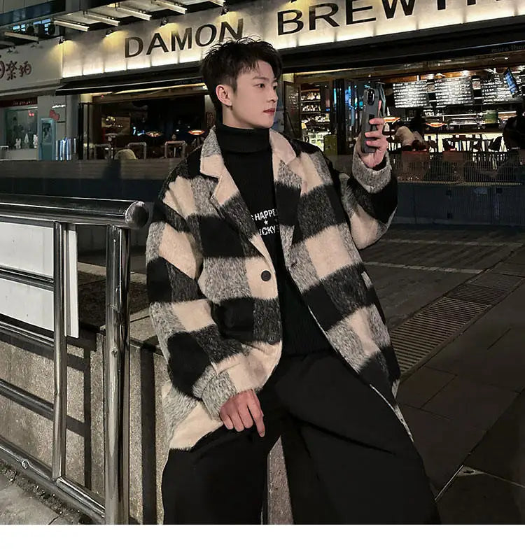 Plaid Woolen Trenchcoat Men Autumn Winter Fashion Retro Streetwear Suit Collar Loose Casual Trendy Trench Coat Outerwear