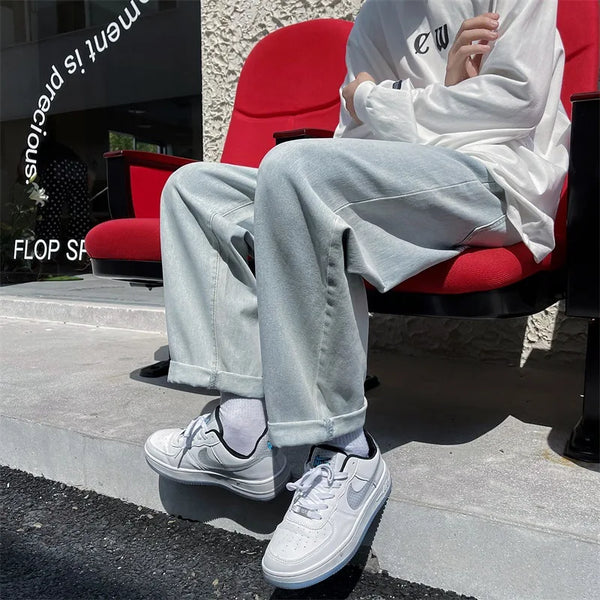 2023 spring new luxury fashion loose straight jeans men retro fashion high street pants boutique clothing simple style ripped baggy denim