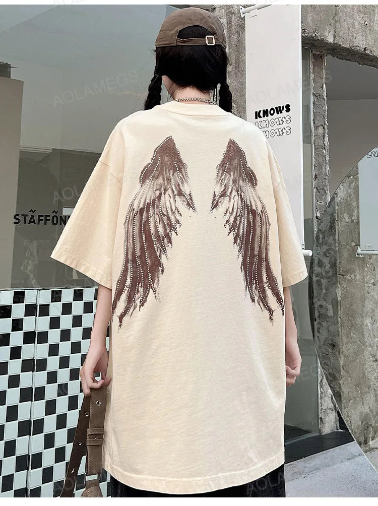 Vaporwave Broken heart – Men Retro T Shirts Rhinestone Wing Washed Short Sleeve T Shi