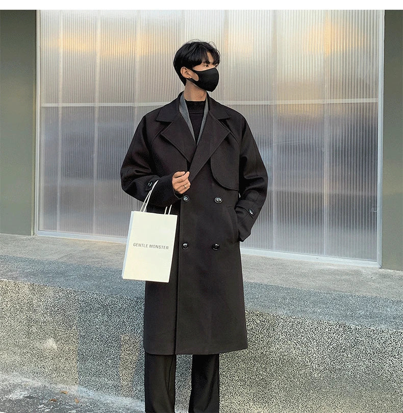 Men's Autumn Winter Mid Length Woolen Coat New Korean Tide Black Thickned Overcoat Long Sleeve Double-breasted Jackets