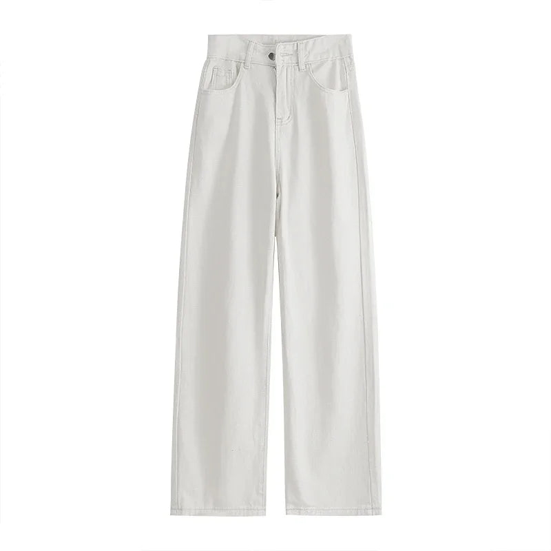 trendy brand white straight jeans for women 2024 spring new high waist slim wide leg pants high street ins fashion and leisure unique jeans style 2196