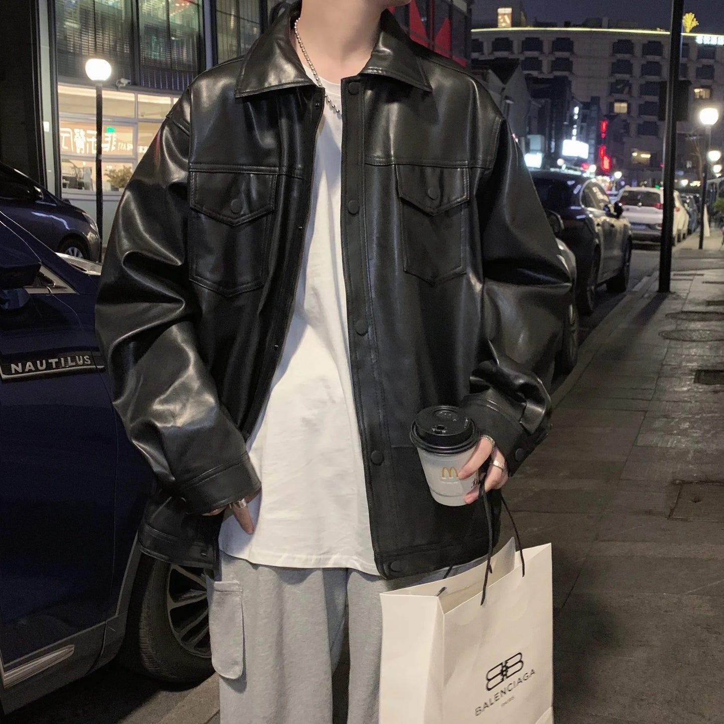 2023 Spring New Light Luxury Fashion Jacket Men's Loose Casual Tooling Leather Jacket Retro Motorcycle Leather Men's Boutique