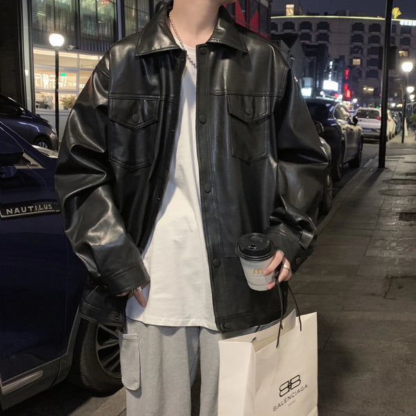 2023 Spring New Light Luxury Fashion Jacket Men's Loose Casual Tooling Leather Jacket Retro Motorcycle Leather Men's Boutique