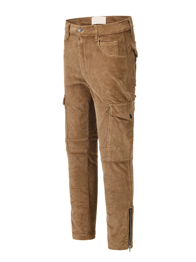 mens corduroy cargo pants new casual hip hop side pockets skinny trousers streetwear bottom zipper fashion slim fit pant joggers unique joggers style 4097
