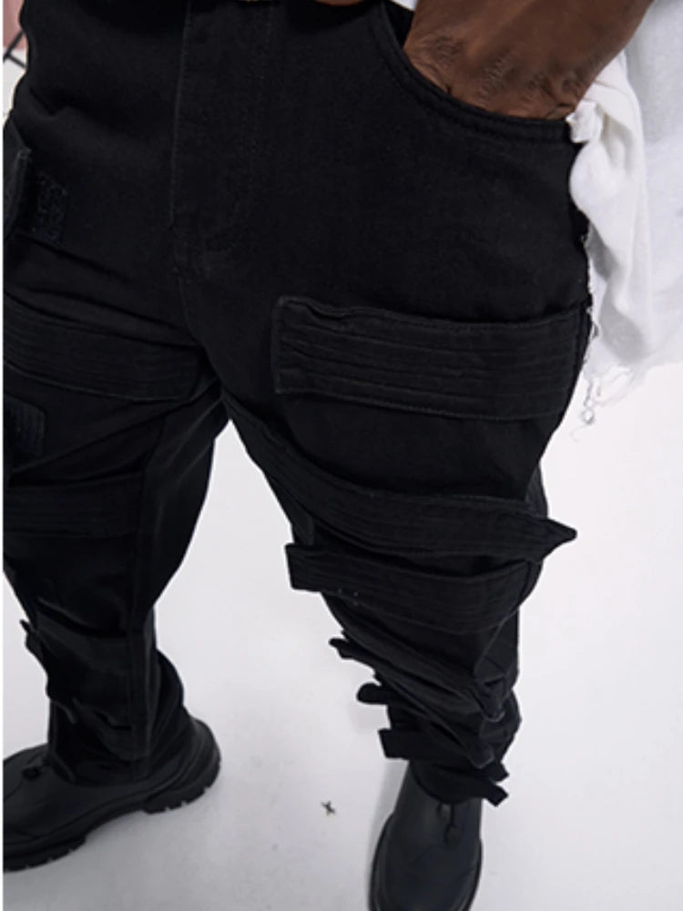 fashion velcros denim jean pants streetwear mens new casual hip hop streetwear tactical straight trousers joggers men y2k pants streetwear sweatpants