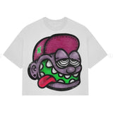 distorted manga graphic tee with graffiti shadow text