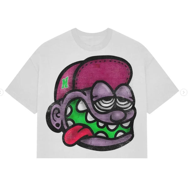 distorted manga graphic tee with graffiti shadow text
