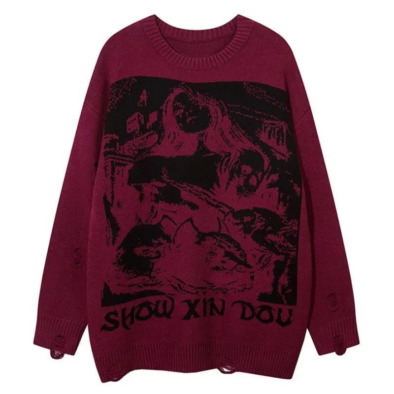hip hop knitted sweater men winter o neck anime spider web pattern pullover streetwear casual loose sweater warm jumper knitwear 1 oversized graphic print design, aesthetic street look hoodie, unique limited edition hoodie